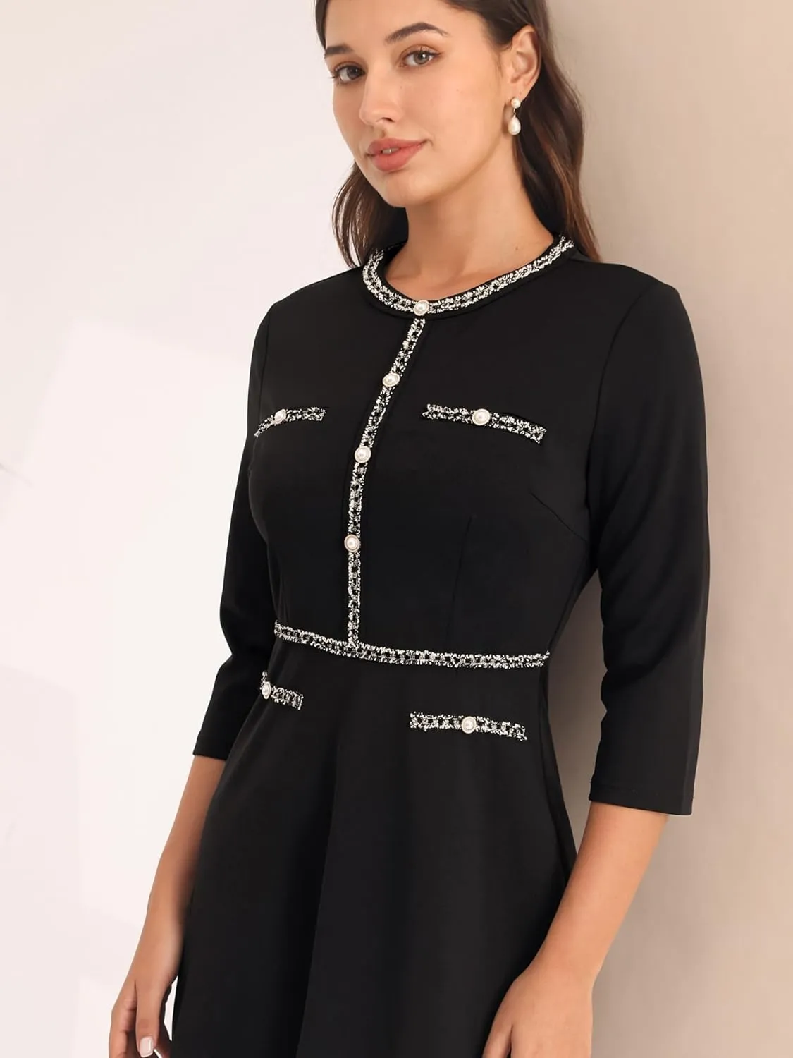 Women's 3/4 Sleeve Elegant A-Line Office Tweed Church Dresses