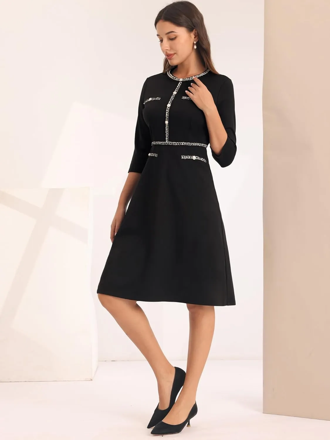 Women's 3/4 Sleeve Elegant A-Line Office Tweed Church Dresses