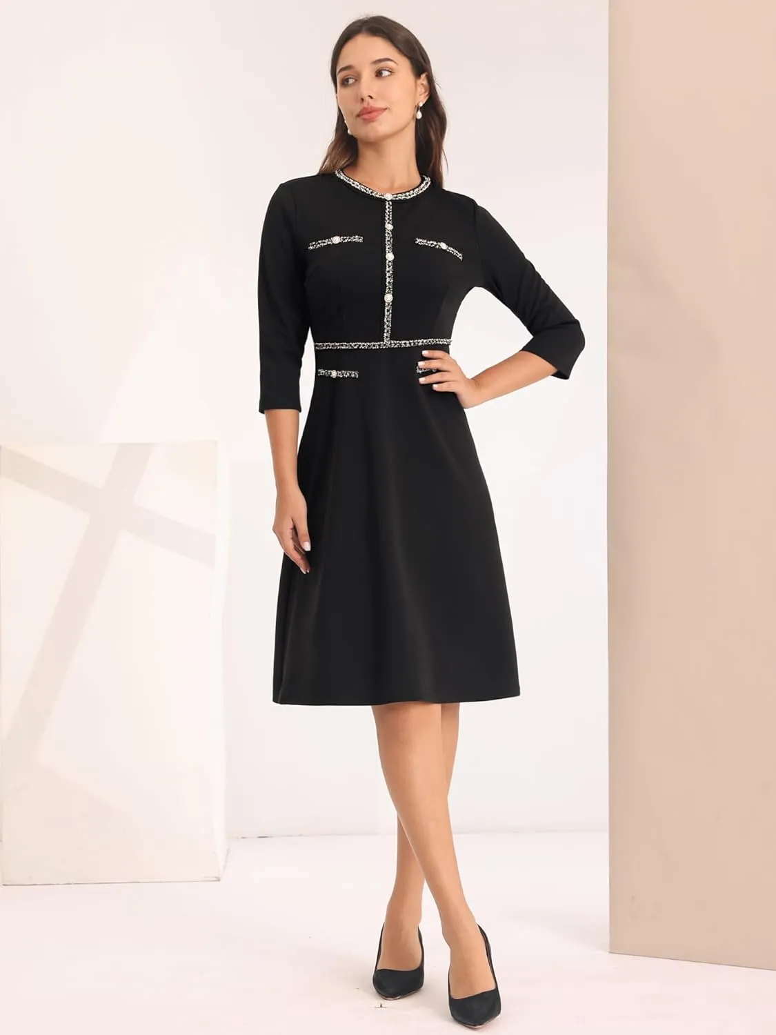 Women's 3/4 Sleeve Elegant A-Line Office Tweed Church Dresses