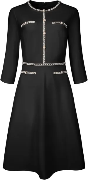 Women's 3/4 Sleeve Elegant A-Line Office Tweed Church Dresses