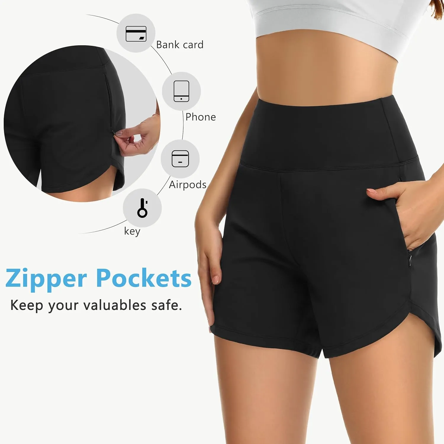 Womens' 5" Swim Shorts Tummy Control Quick Dry Swimsuit Bottom High Waist Loose Fitting with Zipper Pocket Liner UPF50 