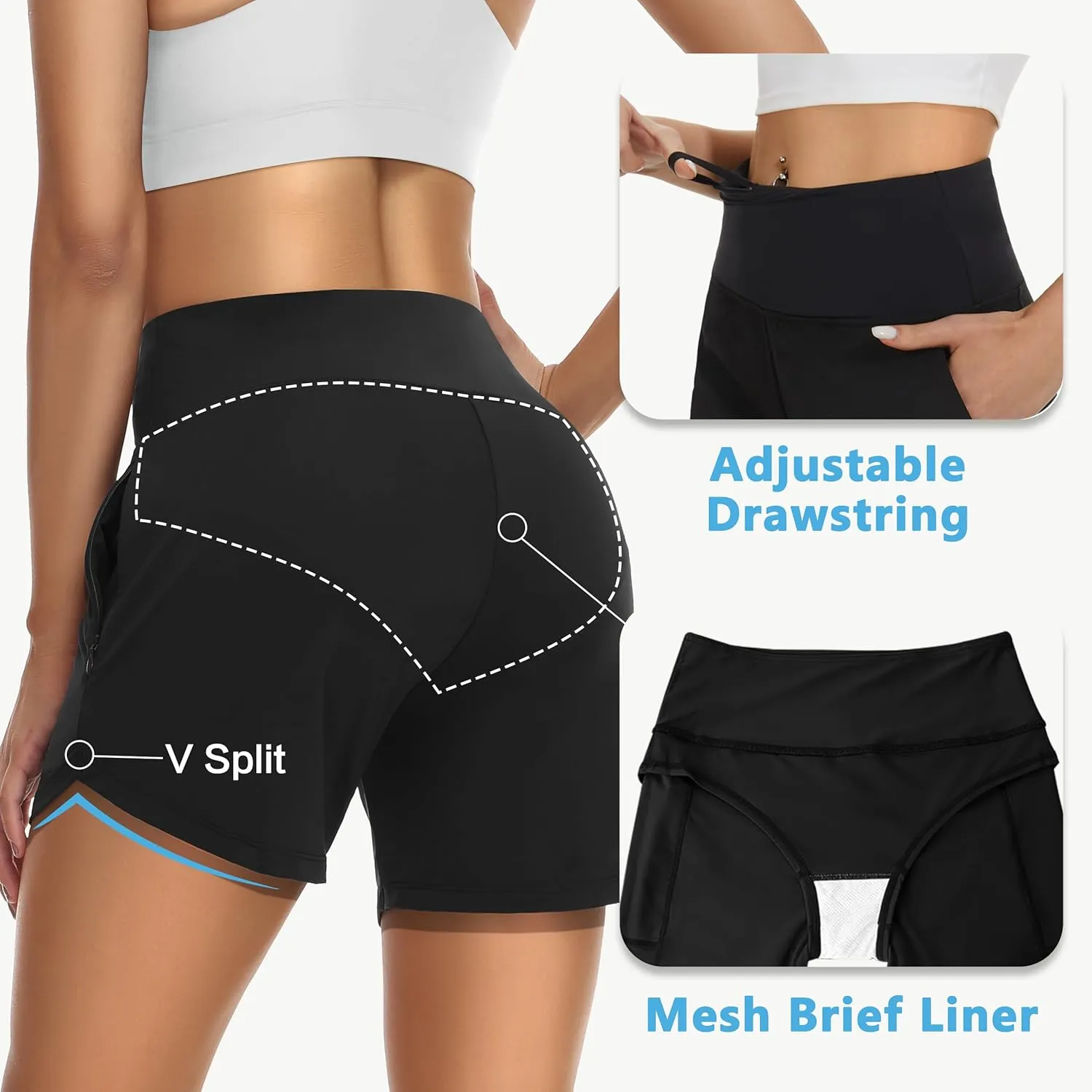 Womens' 5" Swim Shorts Tummy Control Quick Dry Swimsuit Bottom High Waist Loose Fitting with Zipper Pocket Liner UPF50 