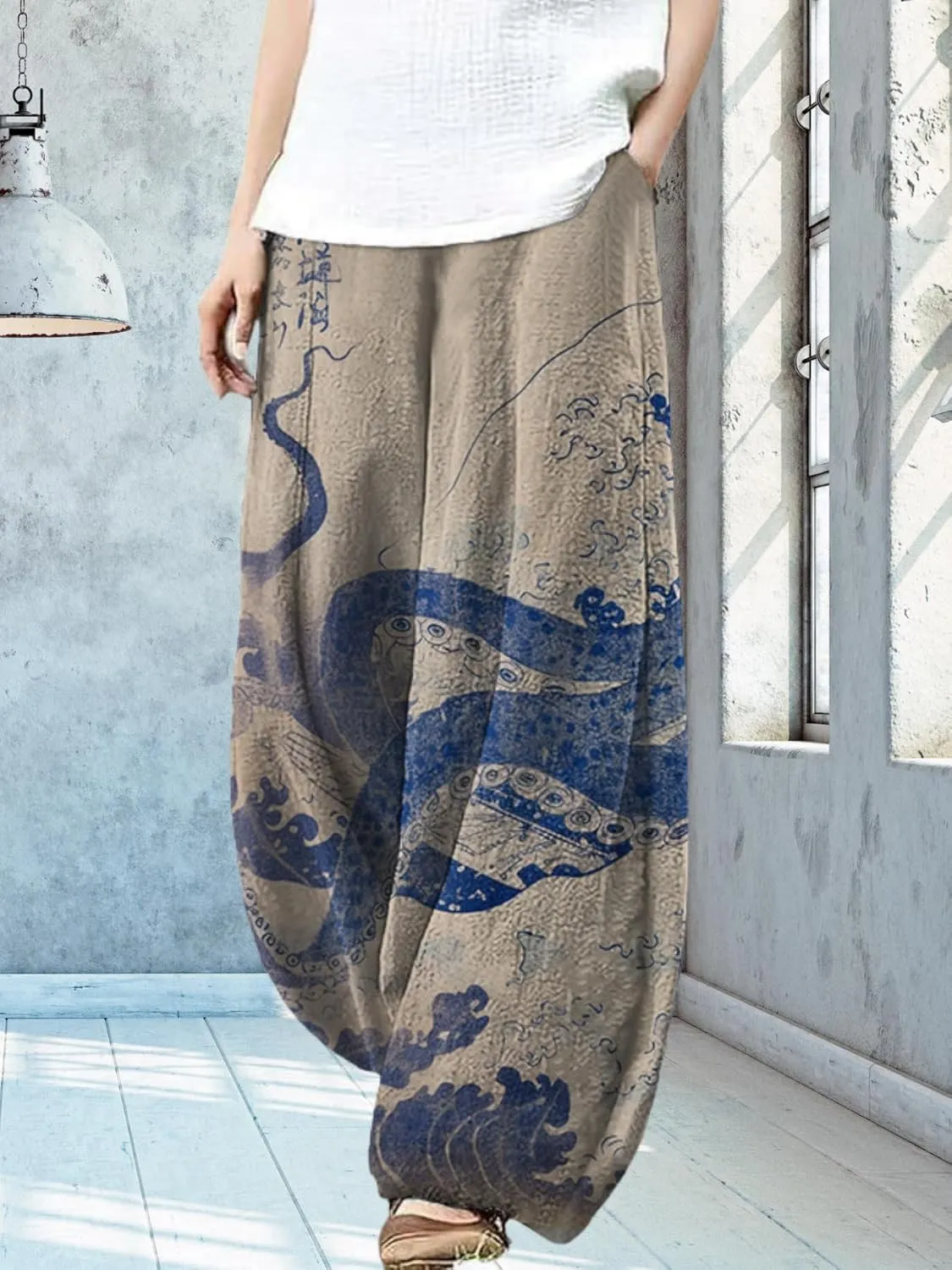 Womens Baggy Linen Pants Barrel Wide Leg Casual Loose Flowy Hippie Lantern Trousers with Elastic Waist for Summer
