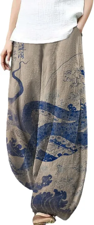 Womens Baggy Linen Pants Barrel Wide Leg Casual Loose Flowy Hippie Lantern Trousers with Elastic Waist for Summer