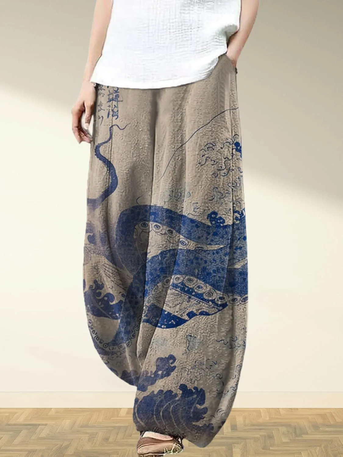 Womens Baggy Linen Pants Barrel Wide Leg Casual Loose Flowy Hippie Lantern Trousers with Elastic Waist for Summer