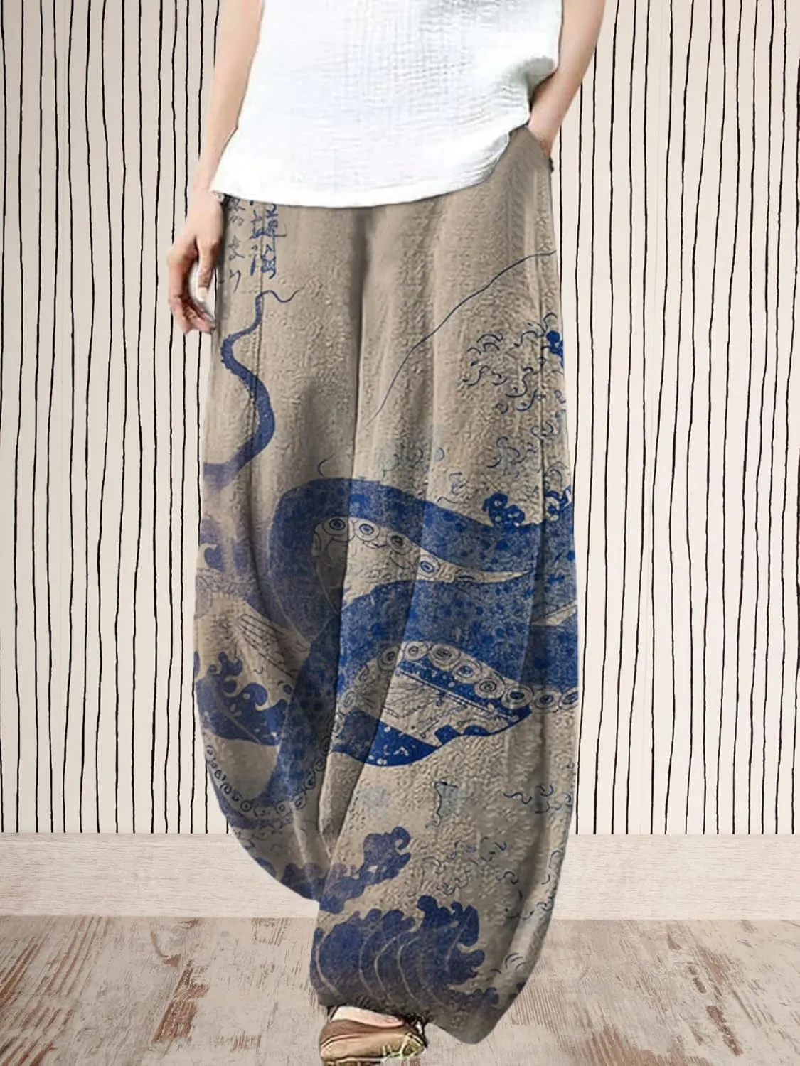 Womens Baggy Linen Pants Barrel Wide Leg Casual Loose Flowy Hippie Lantern Trousers with Elastic Waist for Summer
