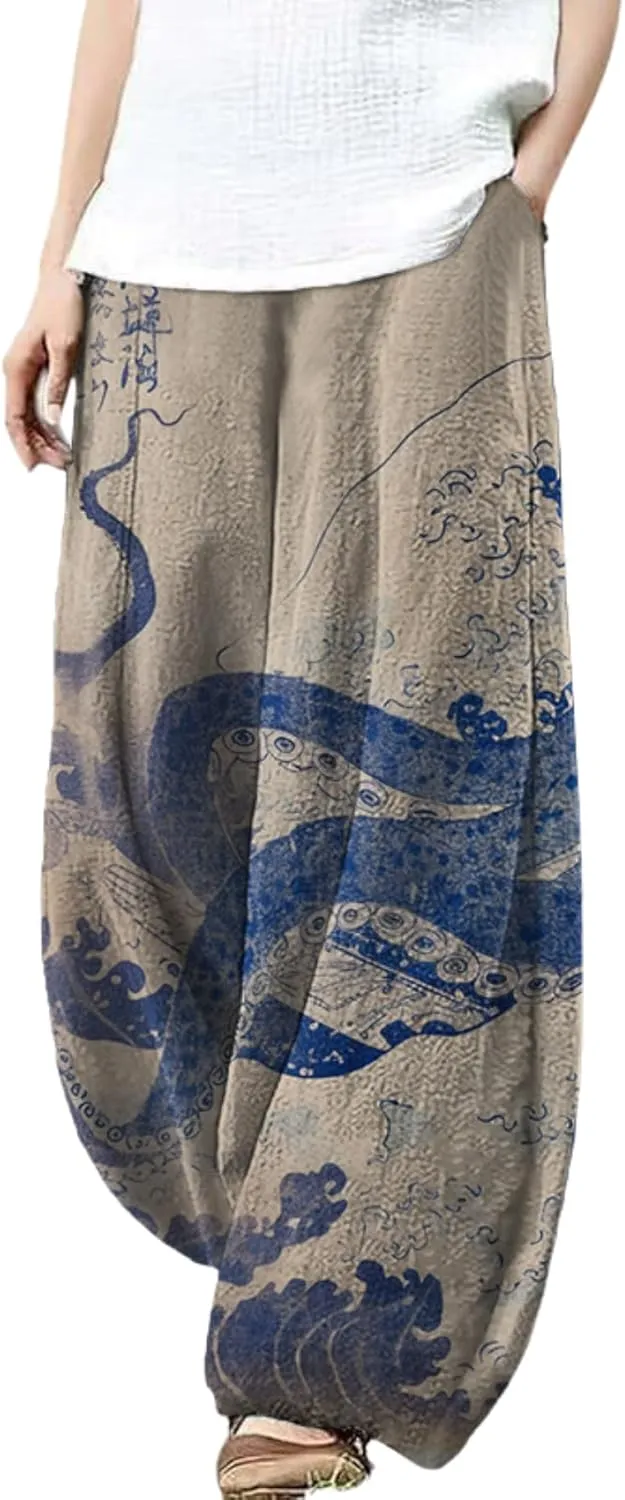 Womens Baggy Linen Pants Barrel Wide Leg Casual Loose Flowy Hippie Lantern Trousers with Elastic Waist for Summer