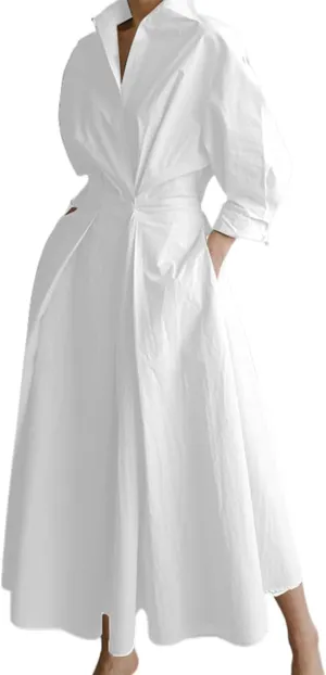 Womens Cotton Button Down Maxi Tshirt Dress Ladies Collared Lapel Long Sleeve Dresses
