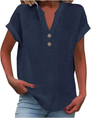 Womens Cotton Linen Blouse Short Sleeve Button V Neck Henley Shirts Lightweight Loose Fit Comfy Casual Summer T Shirt