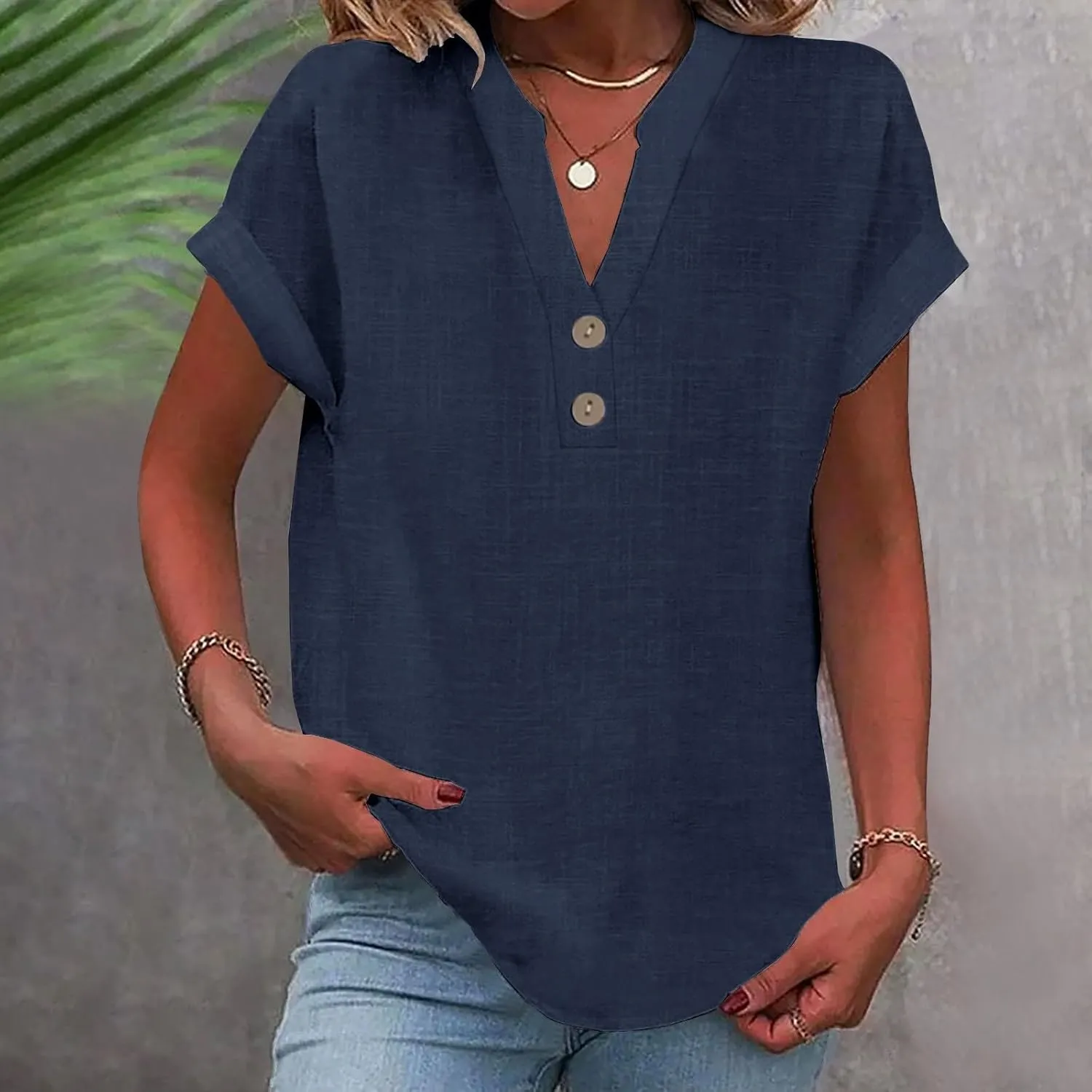 Womens Cotton Linen Blouse Short Sleeve Button V Neck Henley Shirts Lightweight Loose Fit Comfy Casual Summer T Shirt