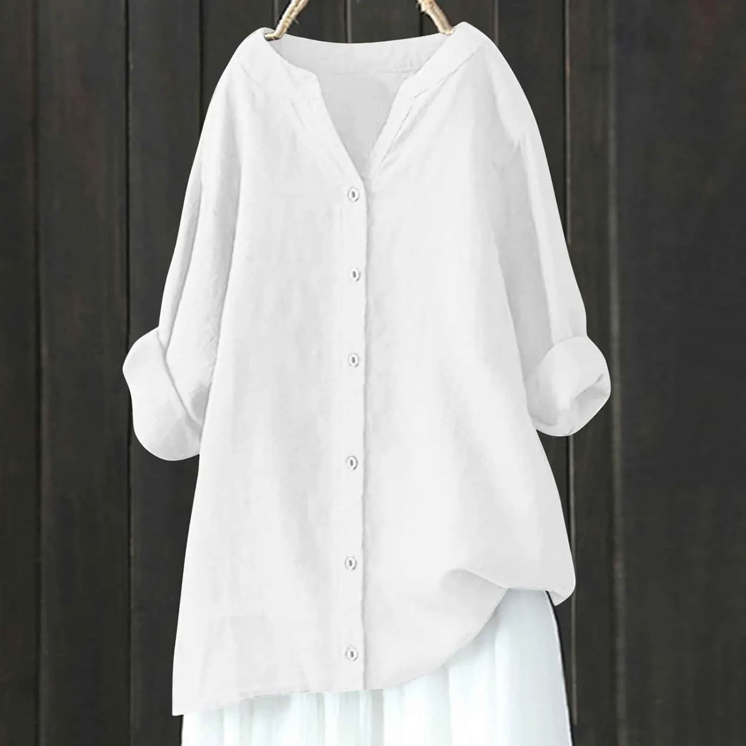 Womens Cotton Linen Button Down Shirt 2025 Roll Up Long Sleeve Casual Solid Color Shirts Loose Work Tops with Pockets