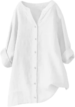 Womens Cotton Linen Button Down Shirt 2025 Roll Up Long Sleeve Casual Solid Color Shirts Loose Work Tops with Pockets
