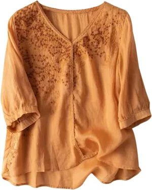 Womens Cotton Linen Shirts Retro Embroidered 3/4 Sleeve Tops Crew Neck Summer Tunic Blouse Boho Graphic Tees Loose Fit