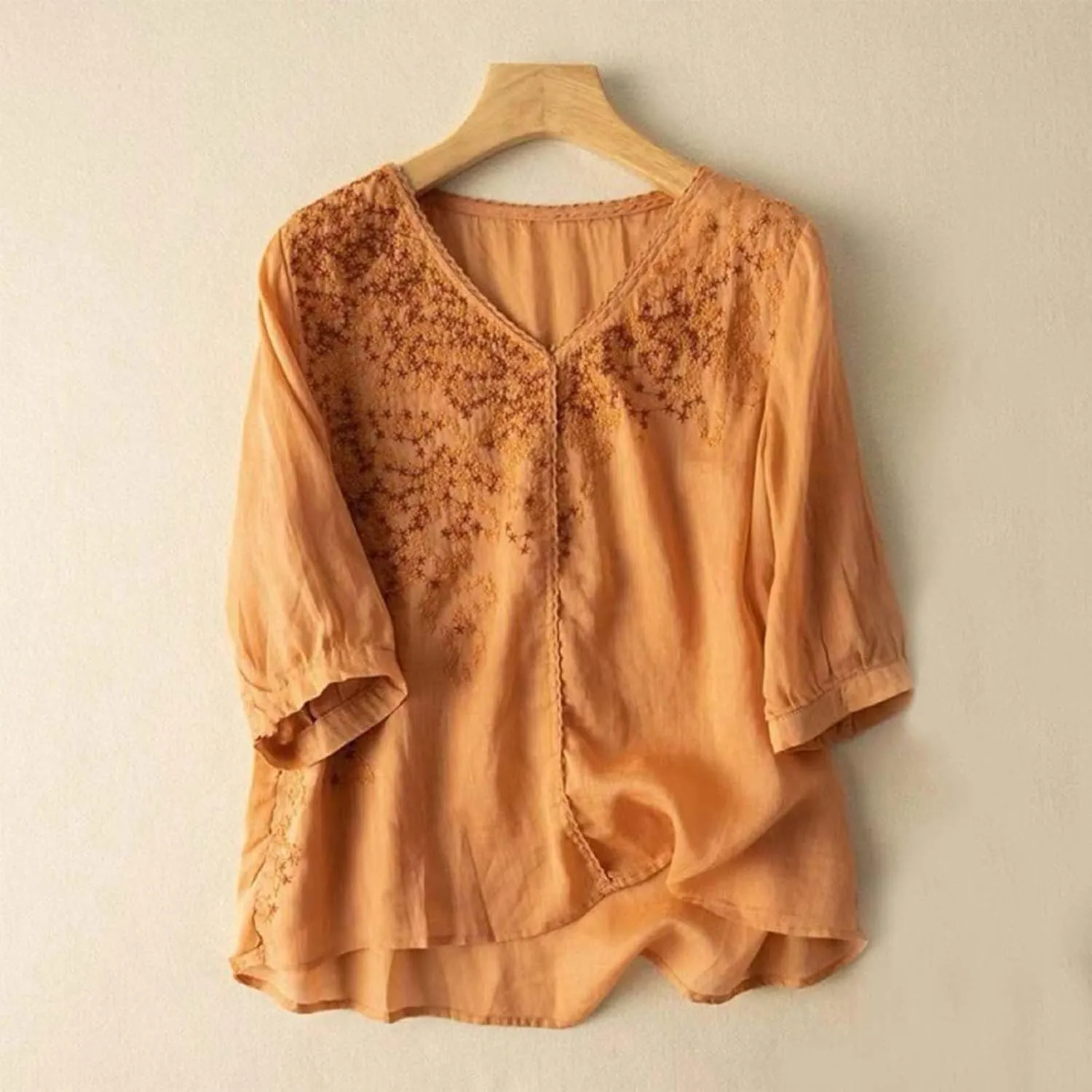 Womens Cotton Linen Shirts Retro Embroidered 3/4 Sleeve Tops Crew Neck Summer Tunic Blouse Boho Graphic Tees Loose Fit