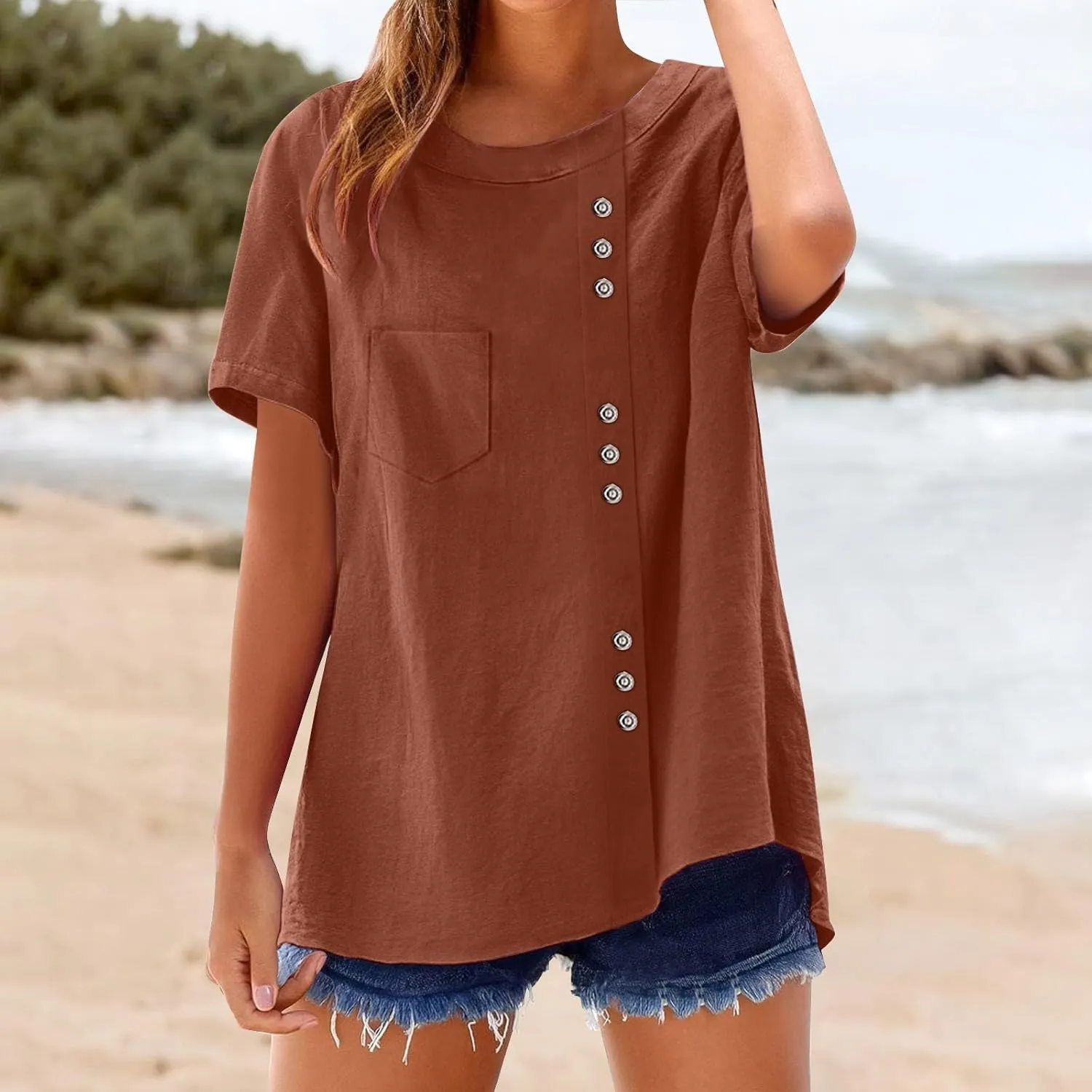 Women's Cotton Linen Short Sleeve Shirt Summer Boho Dressy Tops Blouses Button Crew Neck Casual Beach Vacation Tunics