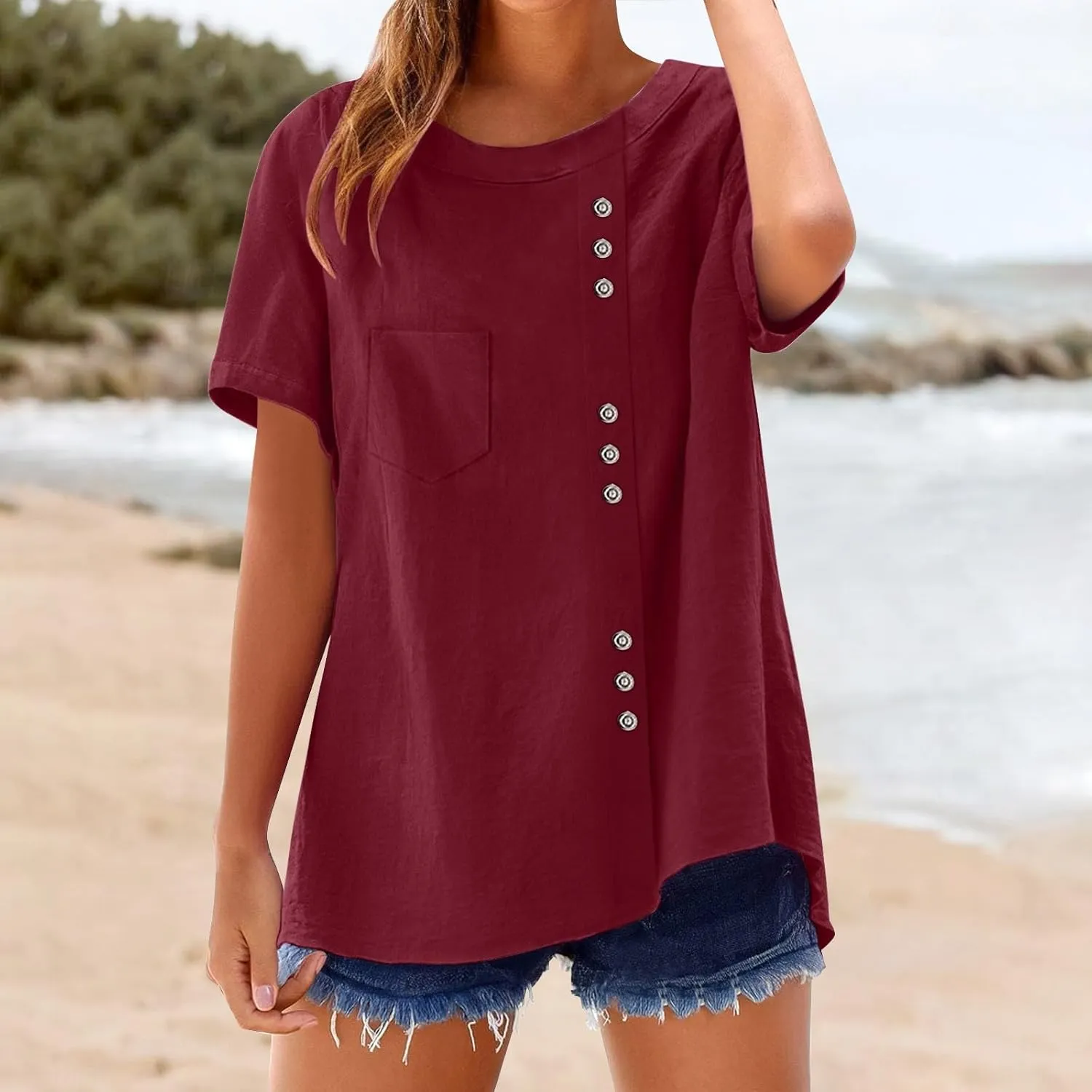 Women's Cotton Linen Short Sleeve Shirt Summer Boho Dressy Tops Blouses Button Crew Neck Casual Beach Vacation Tunics