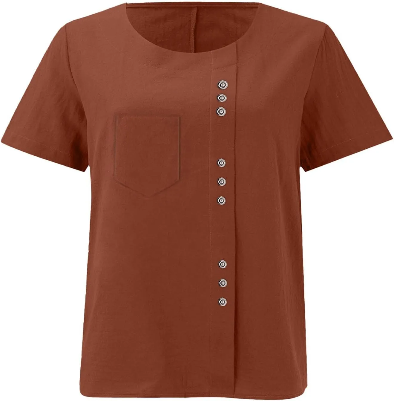 Women's Cotton Linen Short Sleeve Shirt Summer Boho Dressy Tops Blouses Button Crew Neck Casual Beach Vacation Tunics