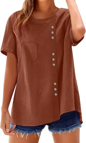 Women's Cotton Linen Short Sleeve Shirt Summer Boho Dressy Tops Blouses Button Crew Neck Casual Beach Vacation Tunics