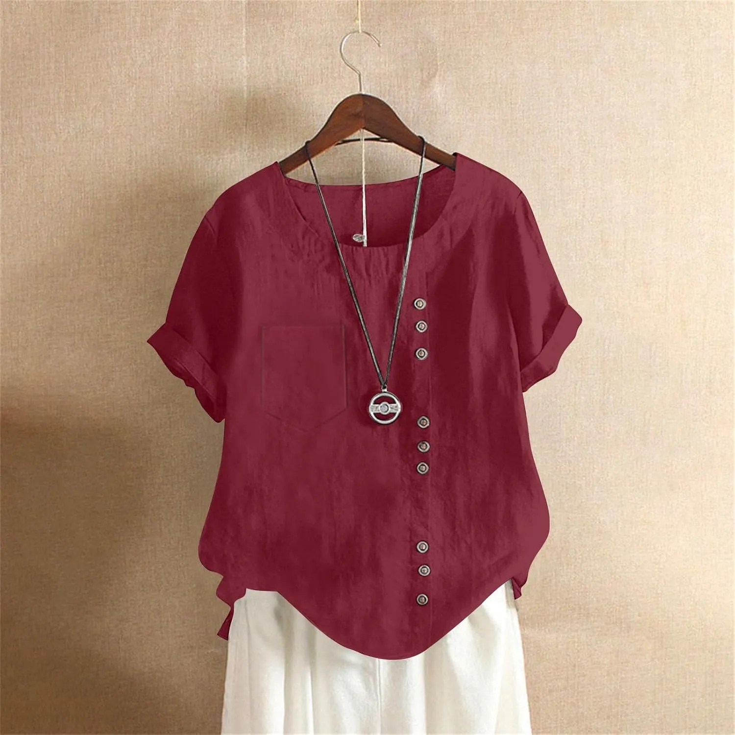 Women's Cotton Linen Short Sleeve Shirt Summer Boho Dressy Tops Blouses Button Crew Neck Casual Beach Vacation Tunics