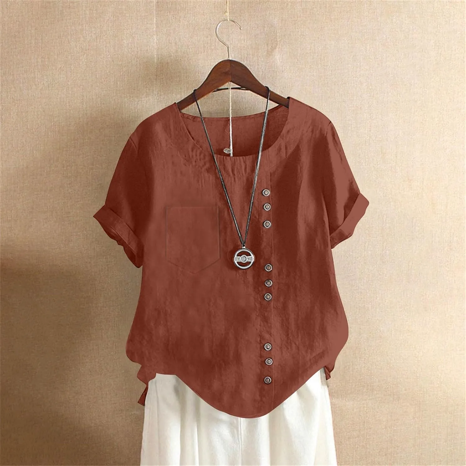 Women's Cotton Linen Short Sleeve Shirt Summer Boho Dressy Tops Blouses Button Crew Neck Casual Beach Vacation Tunics