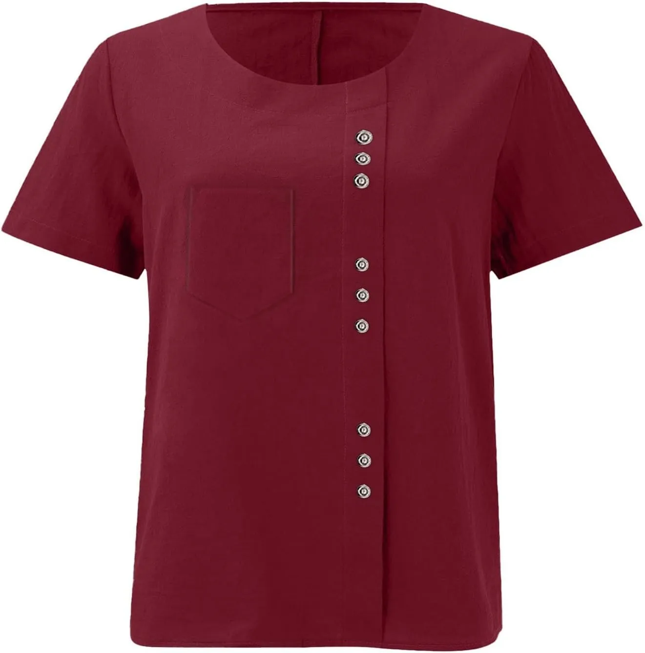 Women's Cotton Linen Short Sleeve Shirt Summer Boho Dressy Tops Blouses Button Crew Neck Casual Beach Vacation Tunics