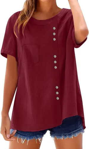 Women's Cotton Linen Short Sleeve Shirt Summer Boho Dressy Tops Blouses Button Crew Neck Casual Beach Vacation Tunics