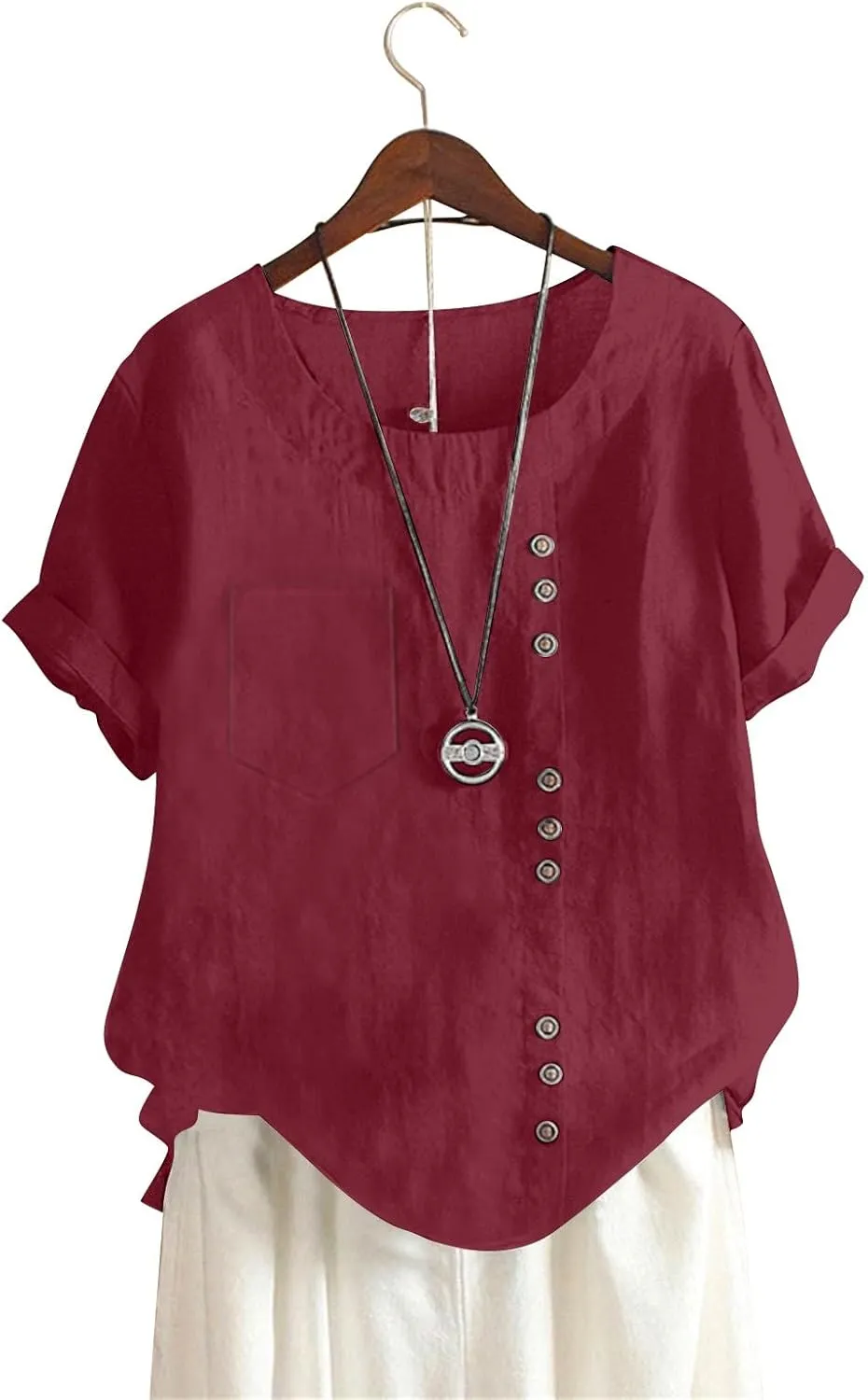 Women's Cotton Linen Short Sleeve Shirt Summer Boho Dressy Tops Blouses Button Crew Neck Casual Beach Vacation Tunics