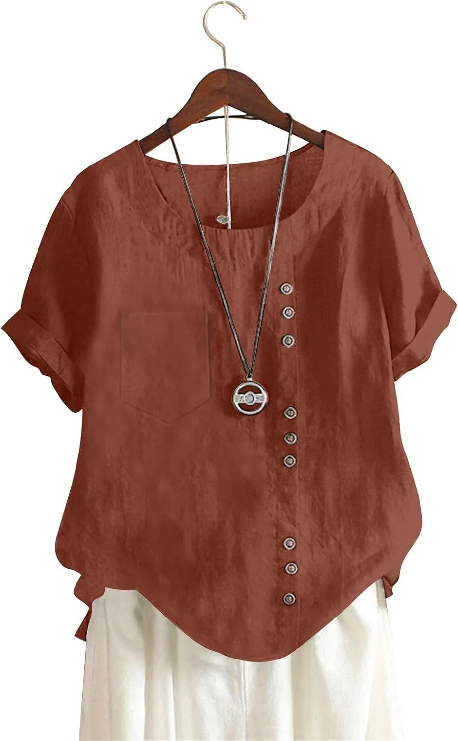Women's Cotton Linen Short Sleeve Shirt Summer Boho Dressy Tops Blouses Button Crew Neck Casual Beach Vacation Tunics