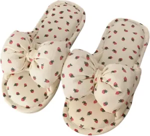 Women's Cute Polka Dot Bow Cotton Linen Indoor Summer Slippers Breathable House Slip-ons