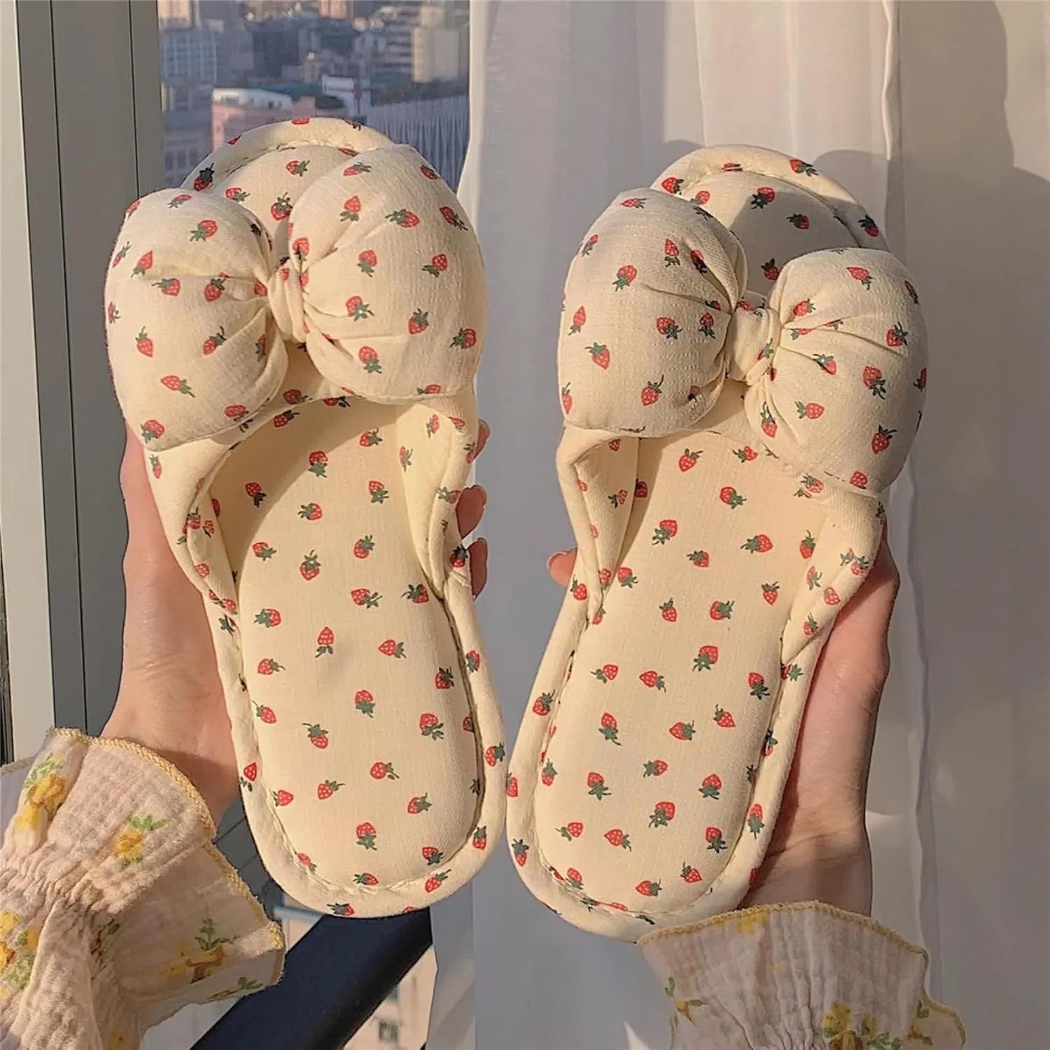 Women's Cute Polka Dot Bow Cotton Linen Indoor Summer Slippers Breathable House Slip-ons
