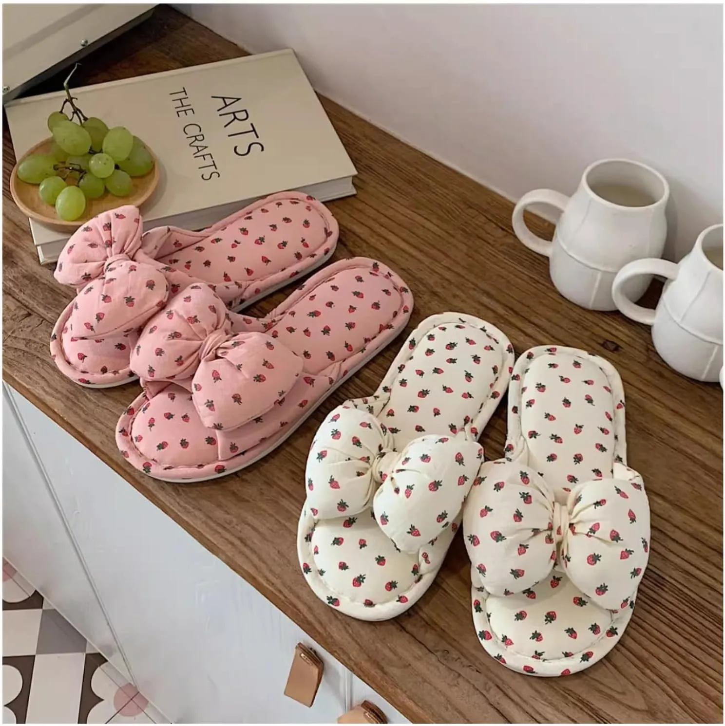 Women's Cute Polka Dot Bow Cotton Linen Indoor Summer Slippers Breathable House Slip-ons