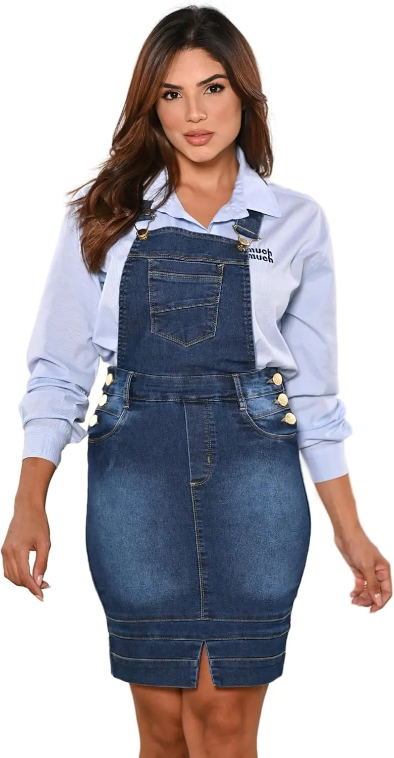 Women's Denim Overall Skirt Adjustable Strap Stretchy Jean Pinafore Style Dress