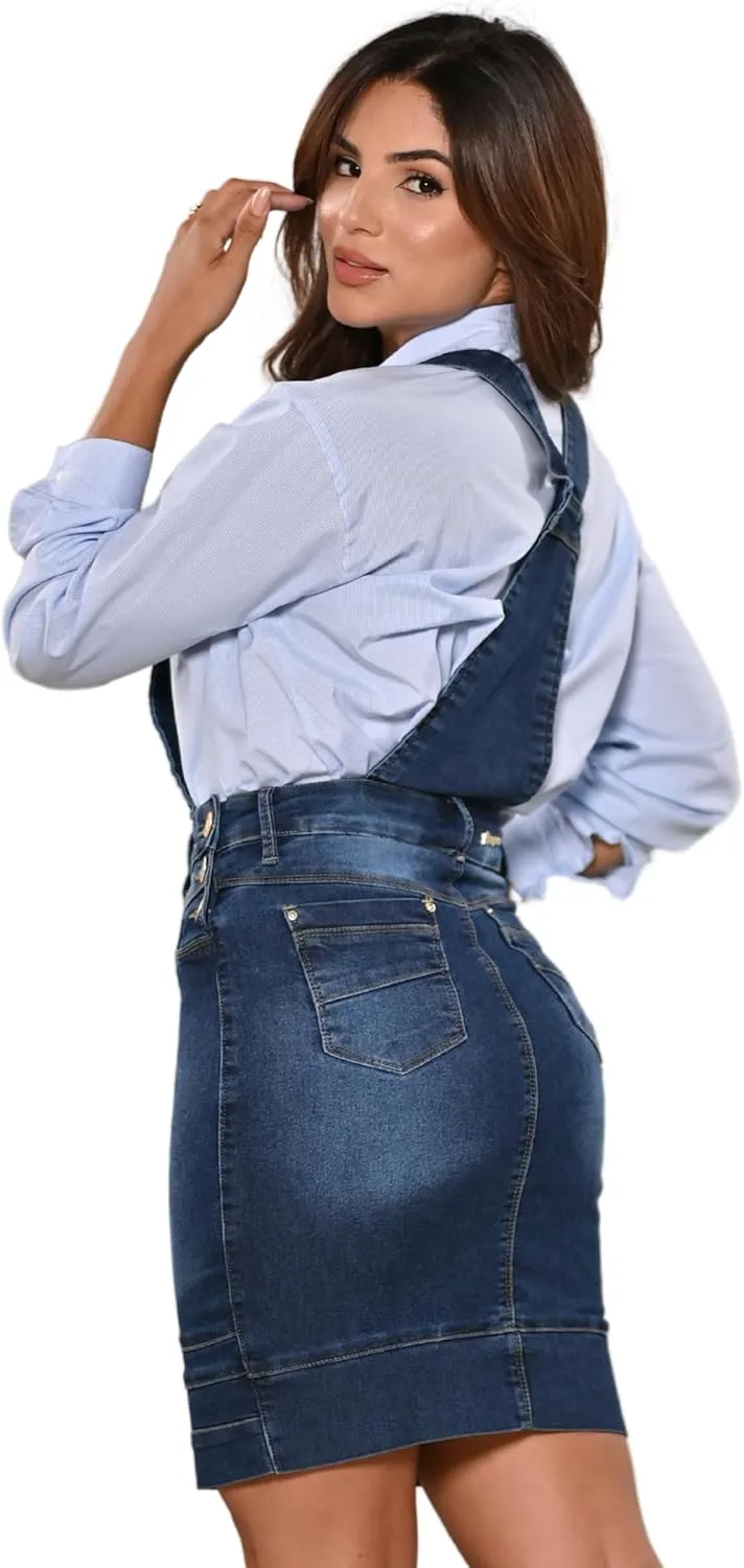 Women's Denim Overall Skirt Adjustable Strap Stretchy Jean Pinafore Style Dress