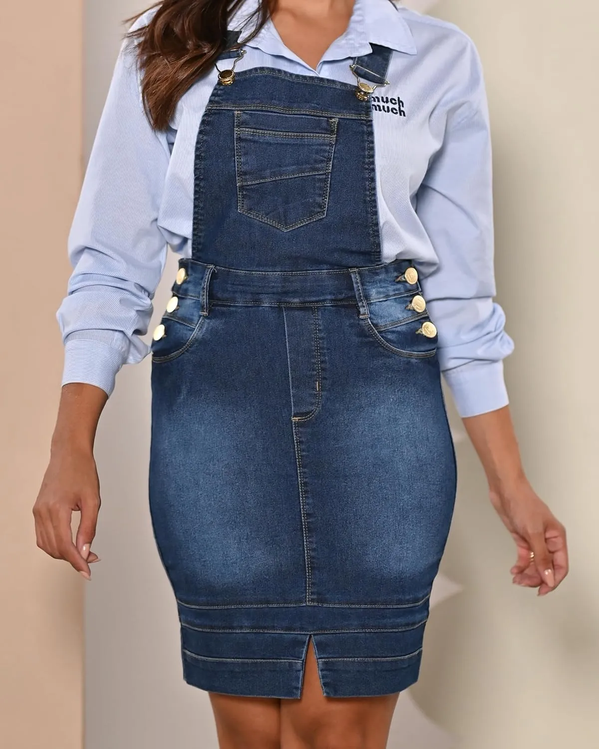Women's Denim Overall Skirt Adjustable Strap Stretchy Jean Pinafore Style Dress