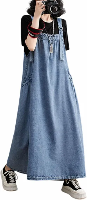 Women's Denim Pullover Casual Loose Sleeveless Adjustable Strap Denim Dress with Pockets and Wide Hem