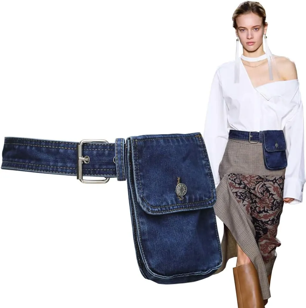 Women's Denim Waist Belt Fanny Pack Waist Bag with Removable Belt Bag