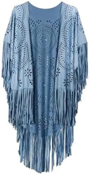 Women’s Faux Suede Fringed Open Front Kimono Style Shawl Wrap One Size