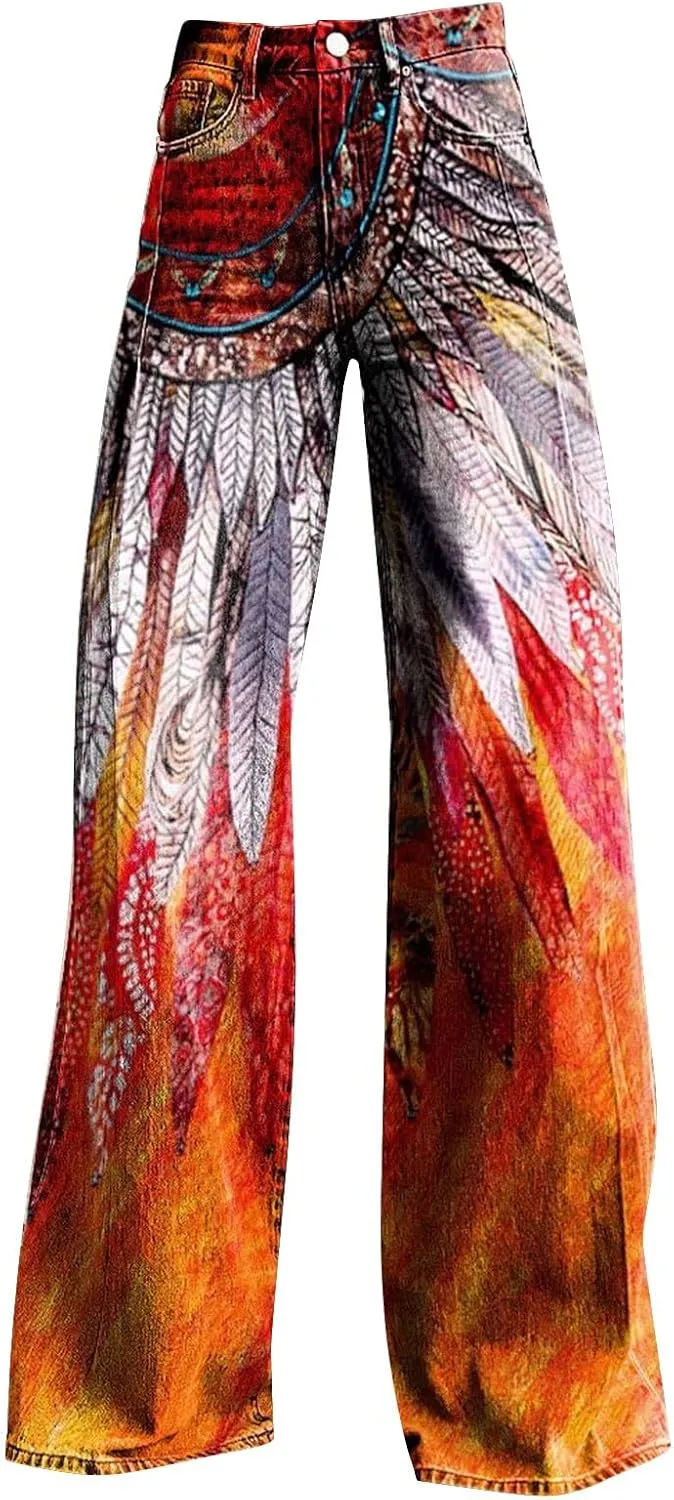 Women's Flare Jeans Wide Leg Baggy Pant Vintage Floral Printed High Waisted Straight Stretch Pants with Pockets