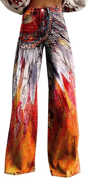 Women's Flare Jeans Wide Leg Baggy Pant Vintage Floral Printed High Waisted Straight Stretch Pants with Pockets