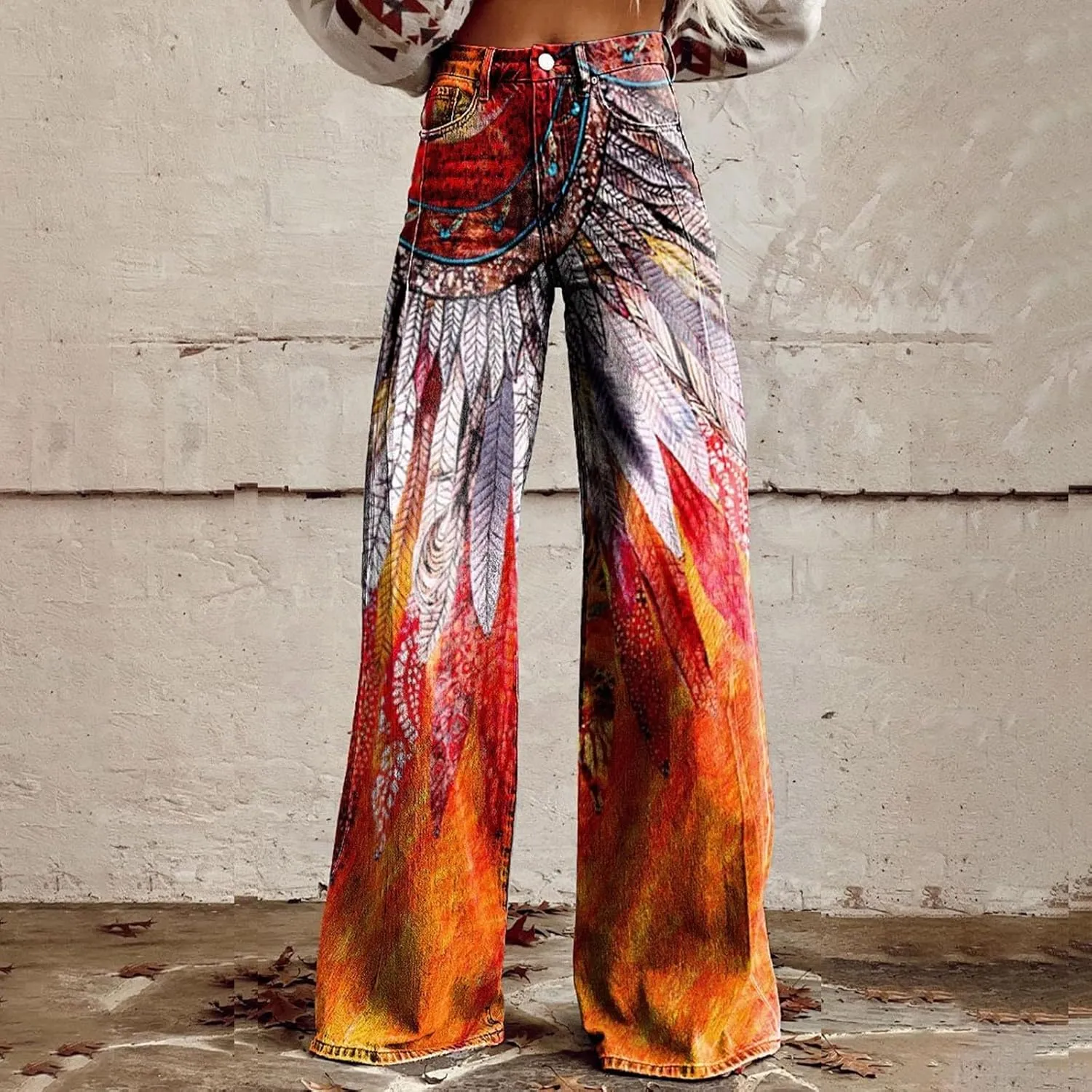 Women's Flare Jeans Wide Leg Baggy Pant Vintage Floral Printed High Waisted Straight Stretch Pants with Pockets