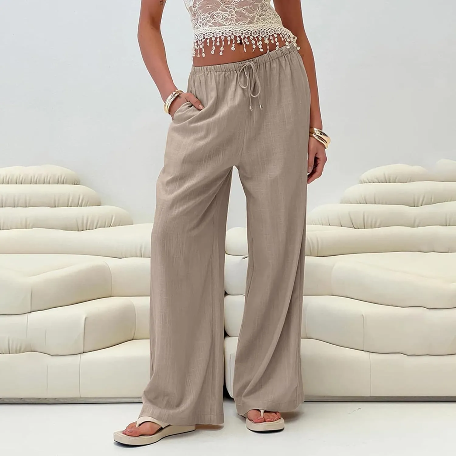 Womens Gauze Pants Cotton Linen Summer Flowy High Waisted Beach Palazzo Pants Lightweight Paperbag Pants with Pocket