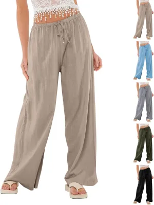 Womens Gauze Pants Cotton Linen Summer Flowy High Waisted Beach Palazzo Pants Lightweight Paperbag Pants with Pocket