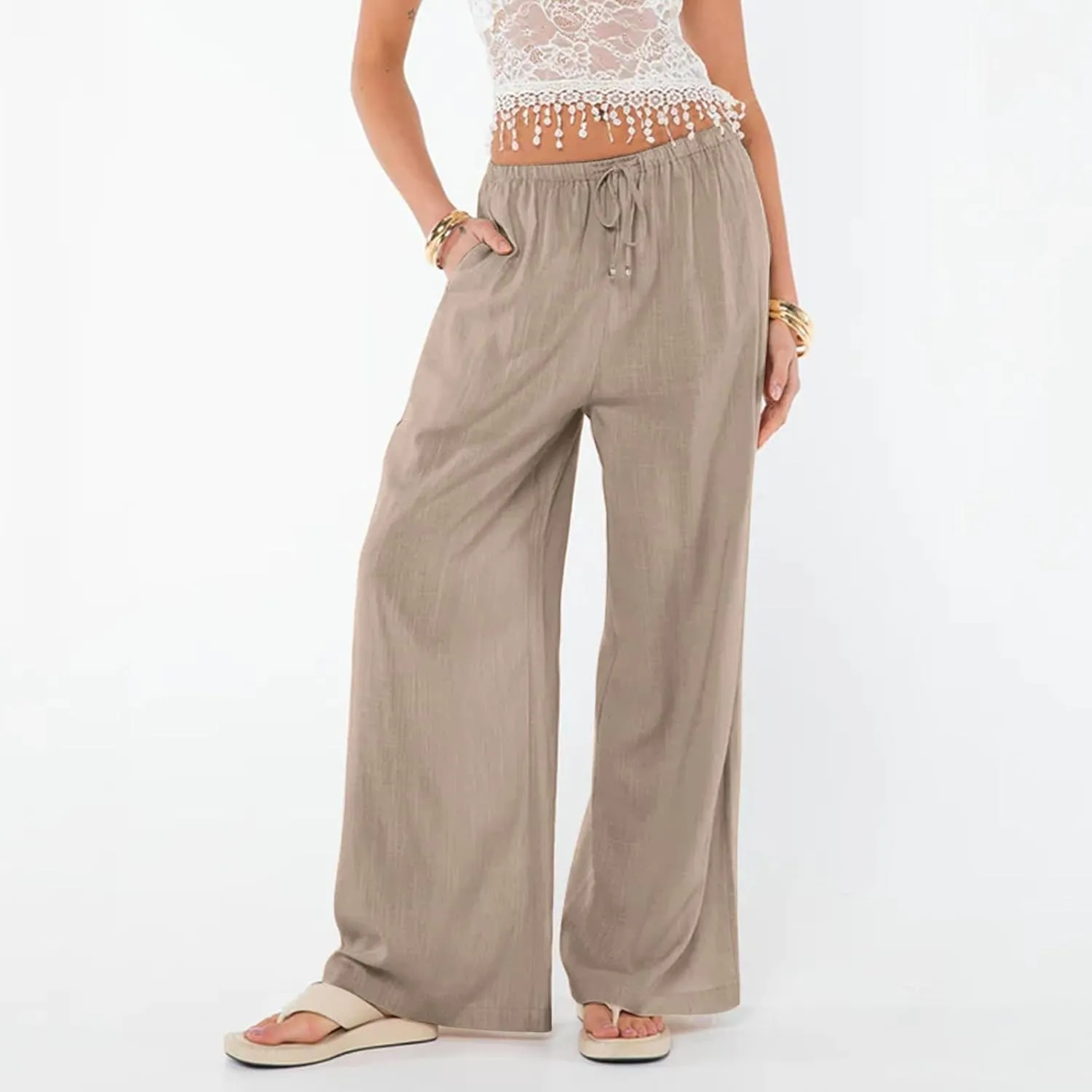 Womens Gauze Pants Cotton Linen Summer Flowy High Waisted Beach Palazzo Pants Lightweight Paperbag Pants with Pocket