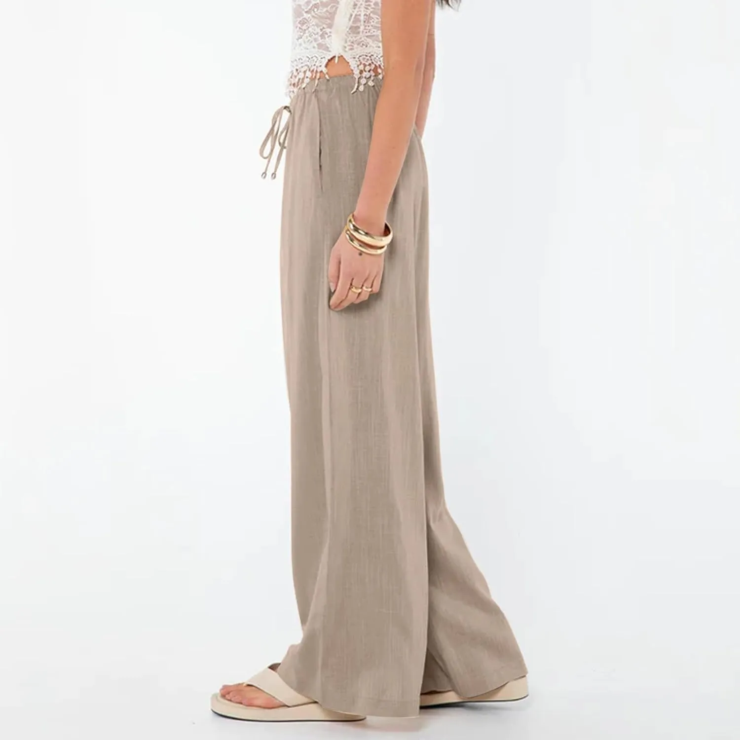 Womens Gauze Pants Cotton Linen Summer Flowy High Waisted Beach Palazzo Pants Lightweight Paperbag Pants with Pocket