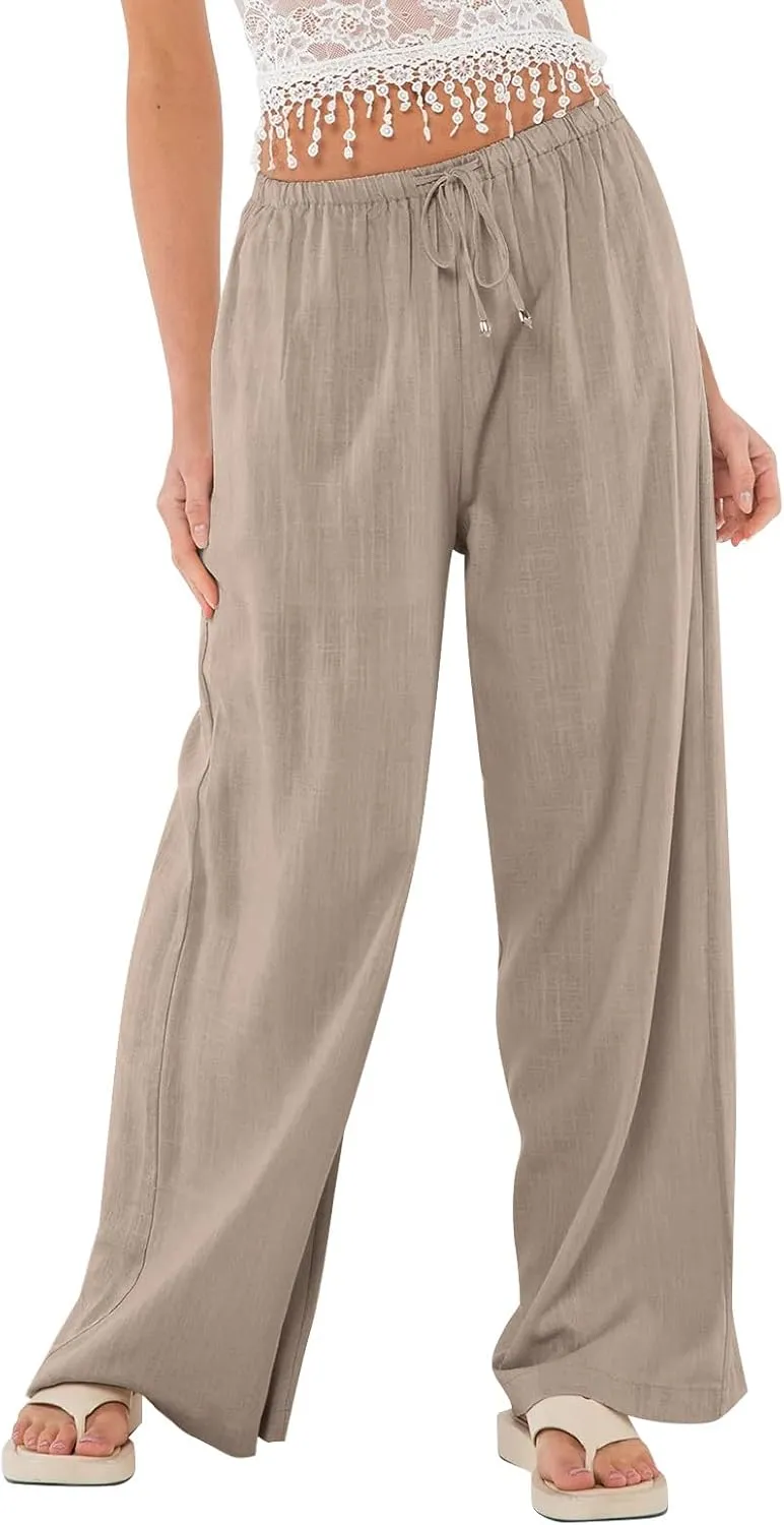 Womens Gauze Pants Cotton Linen Summer Flowy High Waisted Beach Palazzo Pants Lightweight Paperbag Pants with Pocket