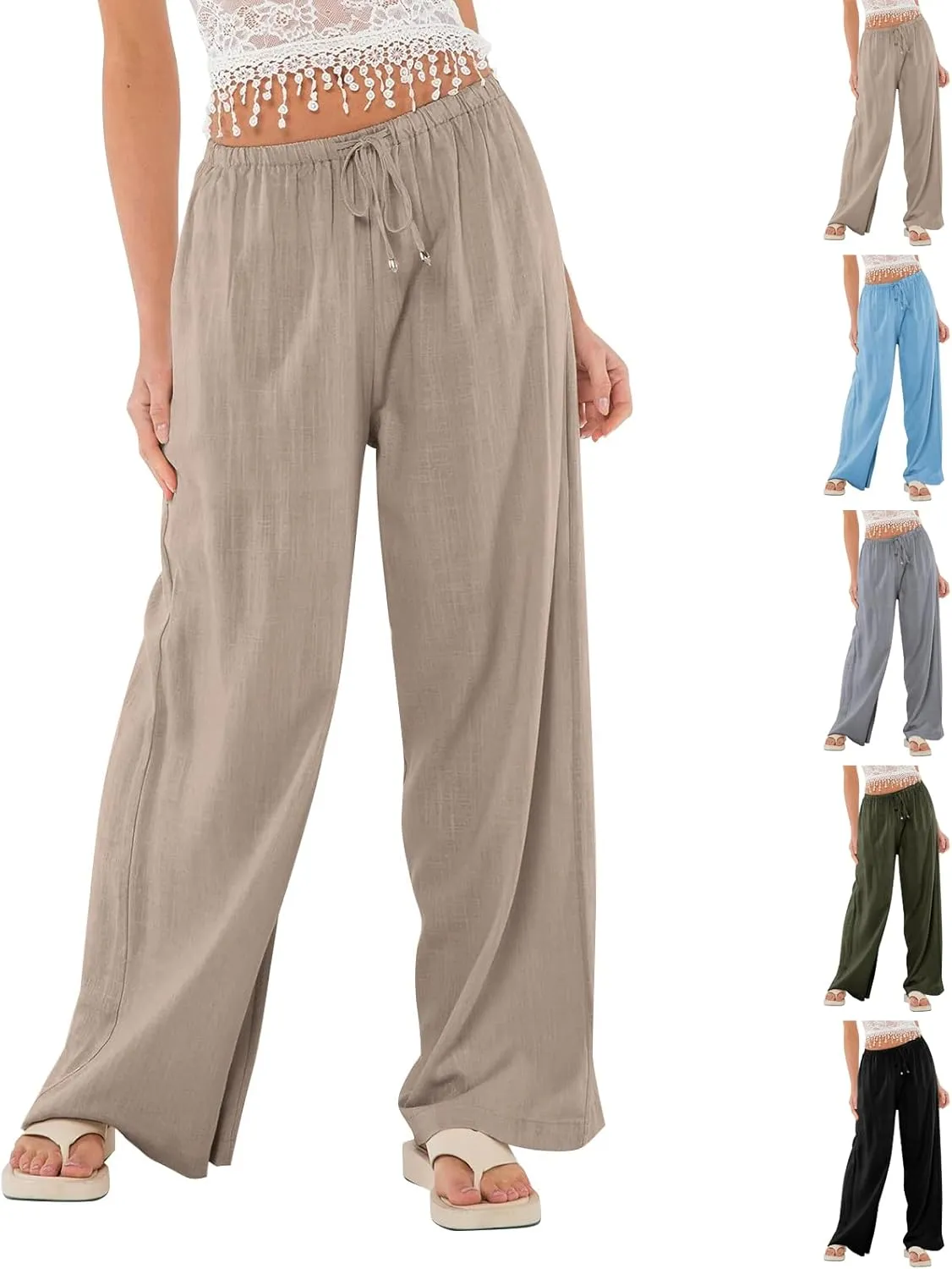 Womens Gauze Pants Cotton Linen Summer Flowy High Waisted Beach Palazzo Pants Lightweight Paperbag Pants with Pocket