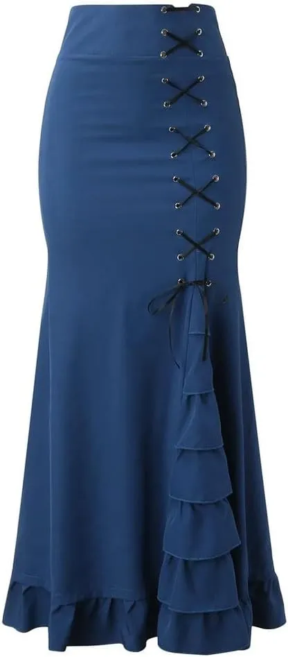 Women's High Waist Midi Skirt Vintage Mermaid Silhouette with Lace-Up Ruffles Gothic Slim Fit for Spring/Summer