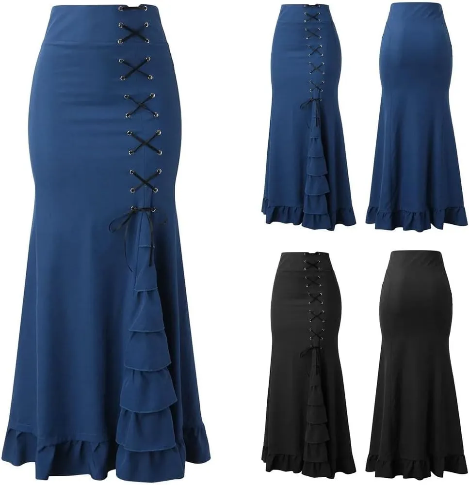 Women's High Waist Midi Skirt Vintage Mermaid Silhouette with Lace-Up Ruffles Gothic Slim Fit for Spring/Summer