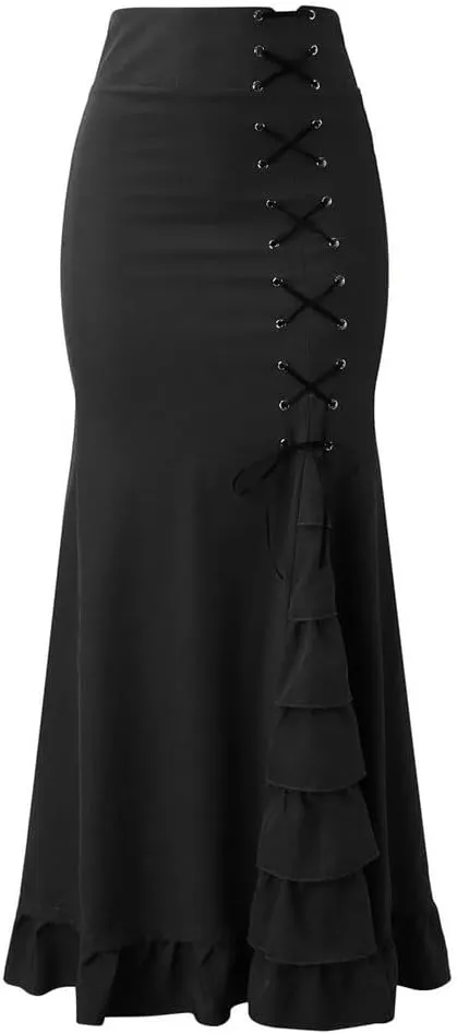Women's High Waist Midi Skirt Vintage Mermaid Silhouette with Lace-Up Ruffles Gothic Slim Fit for Spring/Summer