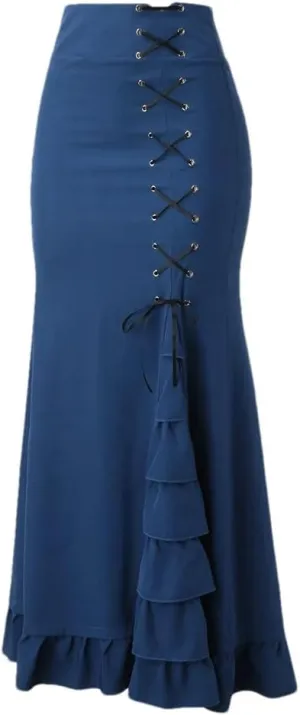 Women's High Waist Midi Skirt Vintage Mermaid Silhouette with Lace-Up Ruffles Gothic Slim Fit for Spring/Summer